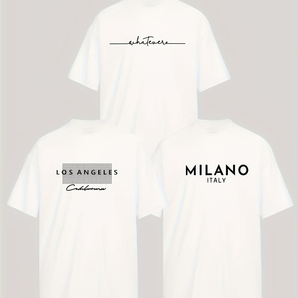 3pcs Stylish T-shirt Set with Los & Milan Art Monogram Print - Relaxed, Breathable Polyester Blend, Machine Washable - Perfect for Summer
