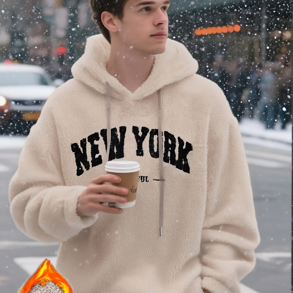 The new style of fashionable and casual solid - color hoodies for men is made of plush fabric that is highly fluffy, warm and Light Beige - friendly.Suitable for urban commuting in cold weather, winter outdoor activities, and indoor leisure