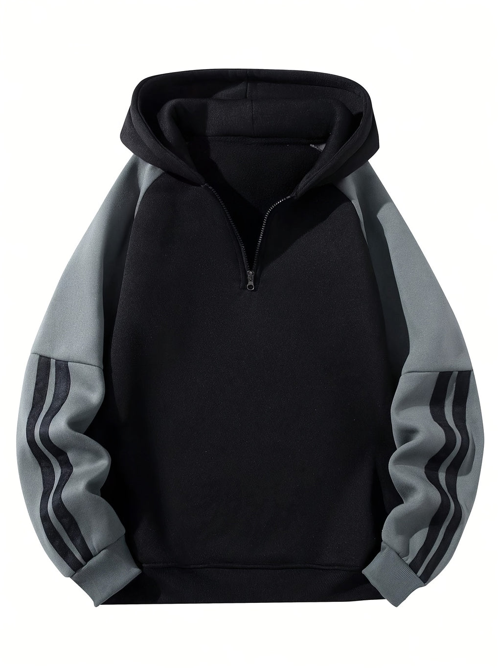 Men'S Casual Hooded Sweatshirt with Zipper - Black and Gray Striped Shoulder Sleeves, Regular Fit, Autumn and Spring Style, Casual Wear|Striped Hoodie|Zippered Hoodie