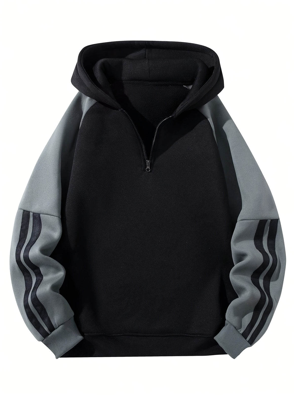 Men'S Casual Hooded Sweatshirt with Zipper - Black and Gray Striped Shoulder Sleeves, Regular Fit, Autumn and Spring Style, Casual Wear|Striped Hoodie|Zippered Hoodie