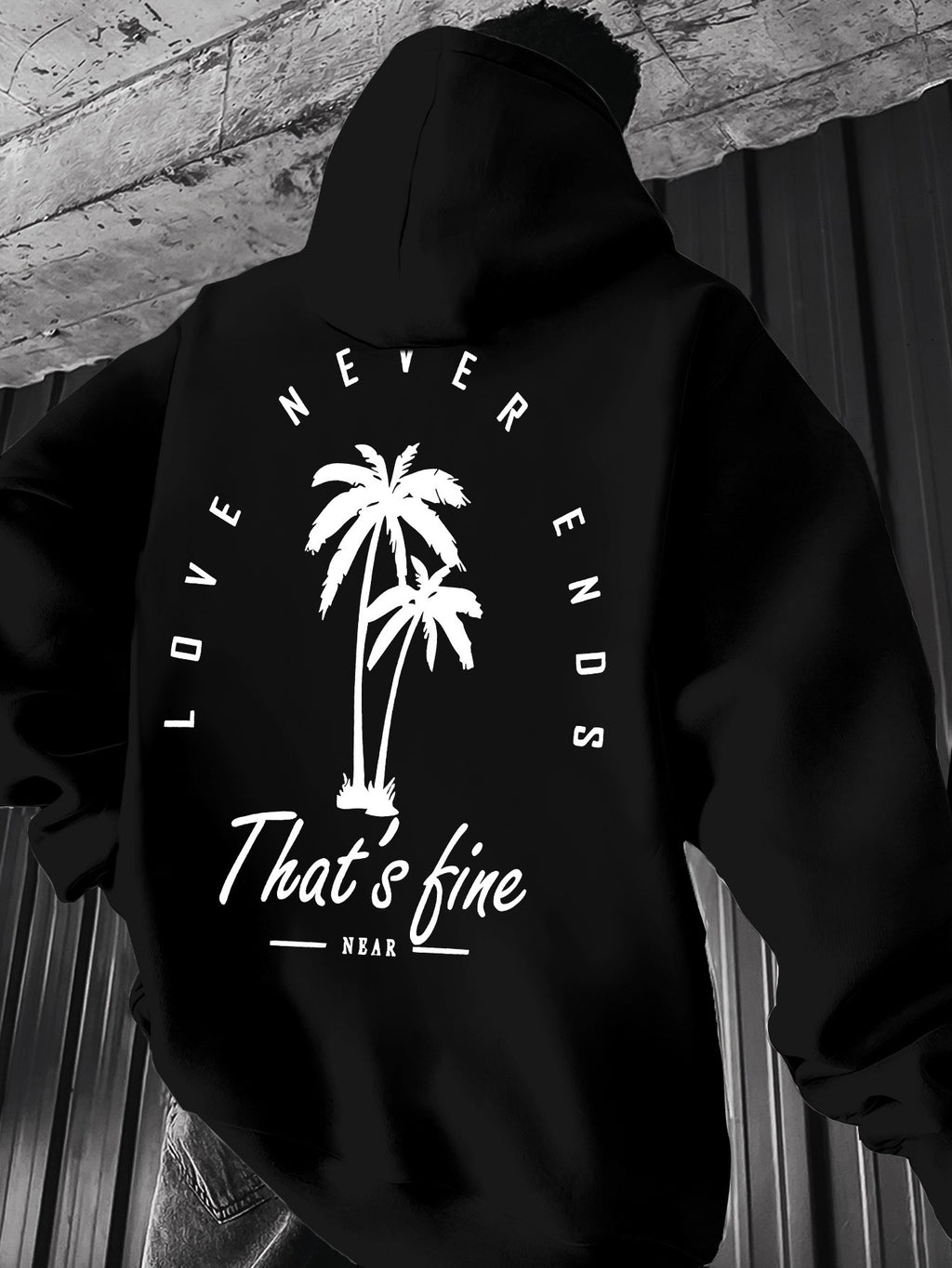 Men's Black Graphic Hooded Sweatshirt with Palm Tree Design & \