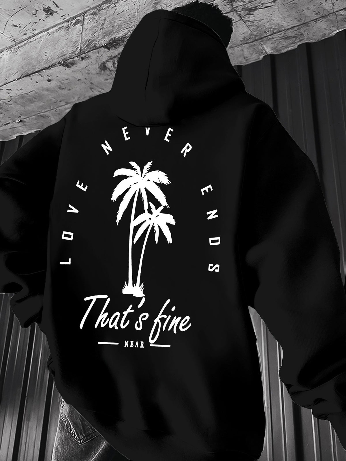 Men's Black Graphic Hooded Sweatshirt with Palm Tree Design & \