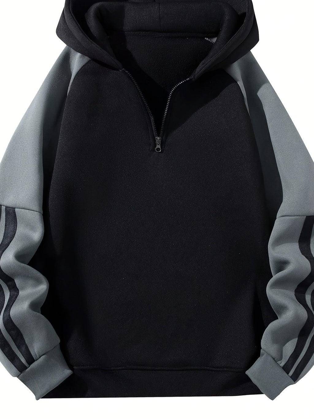 Men'S Casual Hooded Sweatshirt with Zipper - Black and Gray Striped Shoulder Sleeves, Regular Fit, Autumn and Spring Style, Casual Wear|Striped Hoodie|Zippered Hoodie