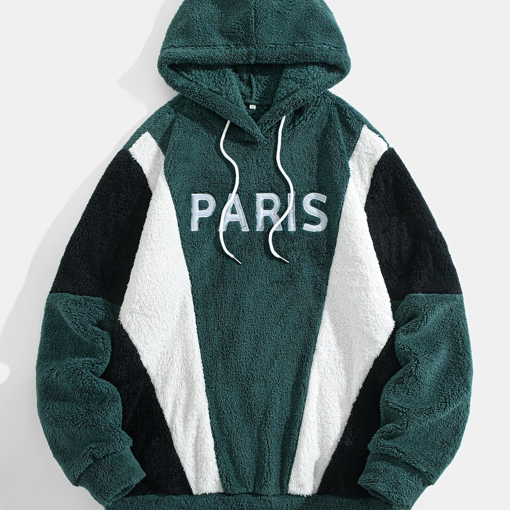 Thickened Color-Blocked Hoodie - Double-Sided Plush, Embroidery, Ideal for Casual Wear