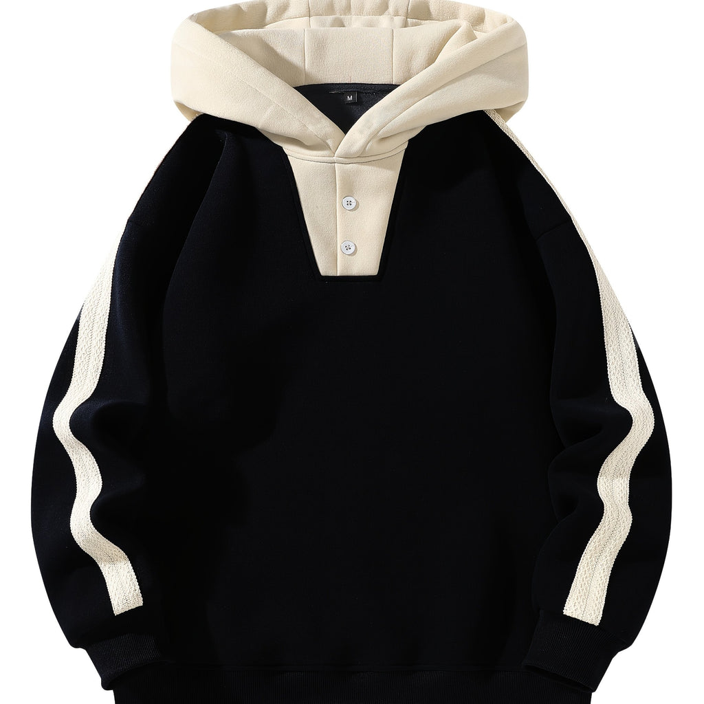 Unisex Fashion Contrast Stitch Hoodie with Button Detail, Sleeve Lace Trim Trendy Pullover Sweatshirt for Men and Women, Casual Summer Wear, Casual Wear Hoodie | Contrast Stitching Hoodie | Glossy Finish Hoodie