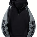 Men'S Casual Hooded Sweatshirt with Zipper - Black and Gray Striped Shoulder Sleeves, Regular Fit, Autumn and Spring Style, Casual Wear|Striped Hoodie|Zippered Hoodie