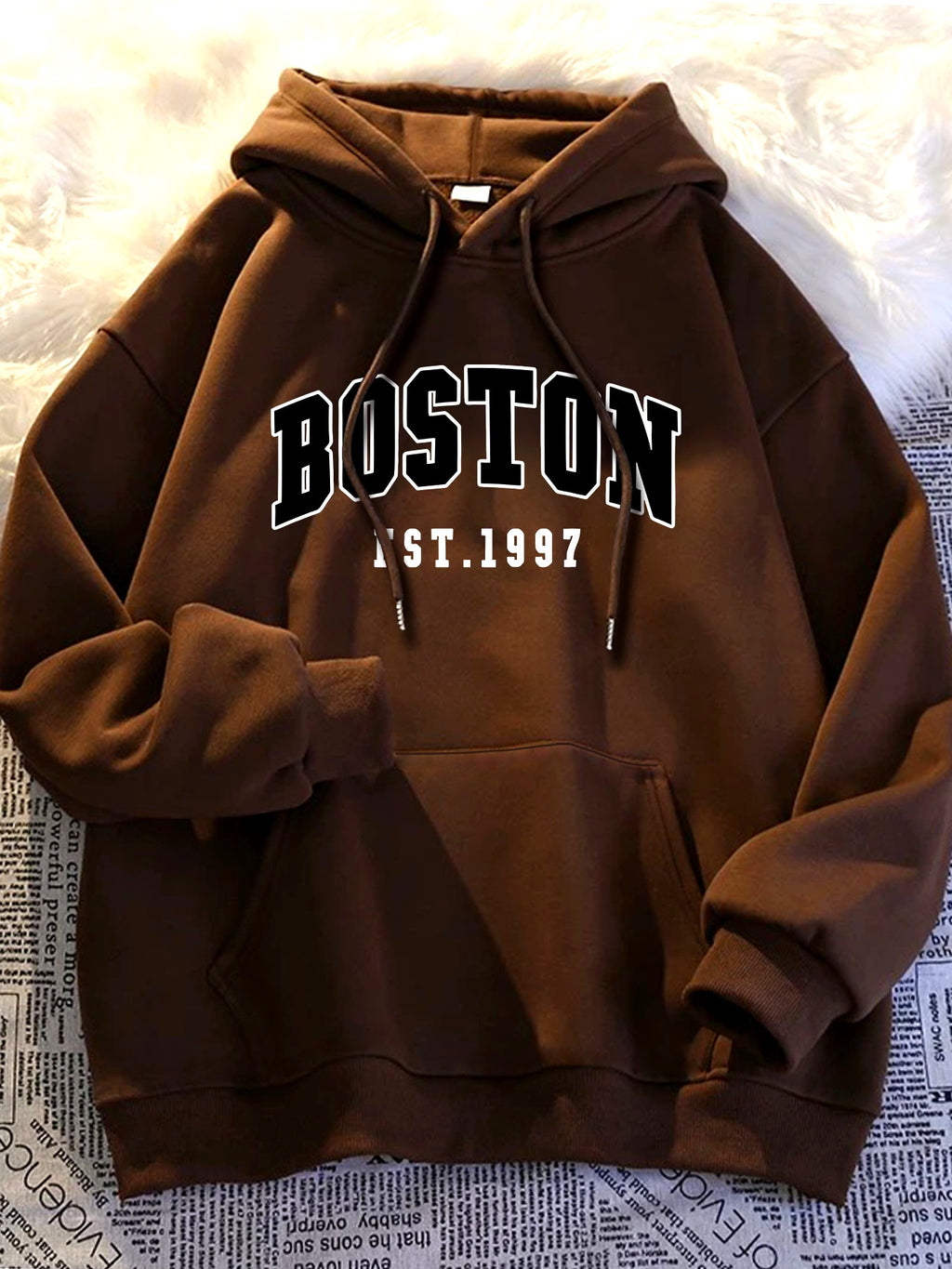 Men'S Black BOSTON EST 1997 Hoodie- Loose Fit Casual Pullover with Front Pocket, Machine Washable Autumn Winter Street Style Comfortable Hoodie